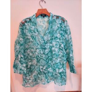 Elementz Teal Floral Burnout Blouse XL 3/4 Sleeve Button Front Sheer Top